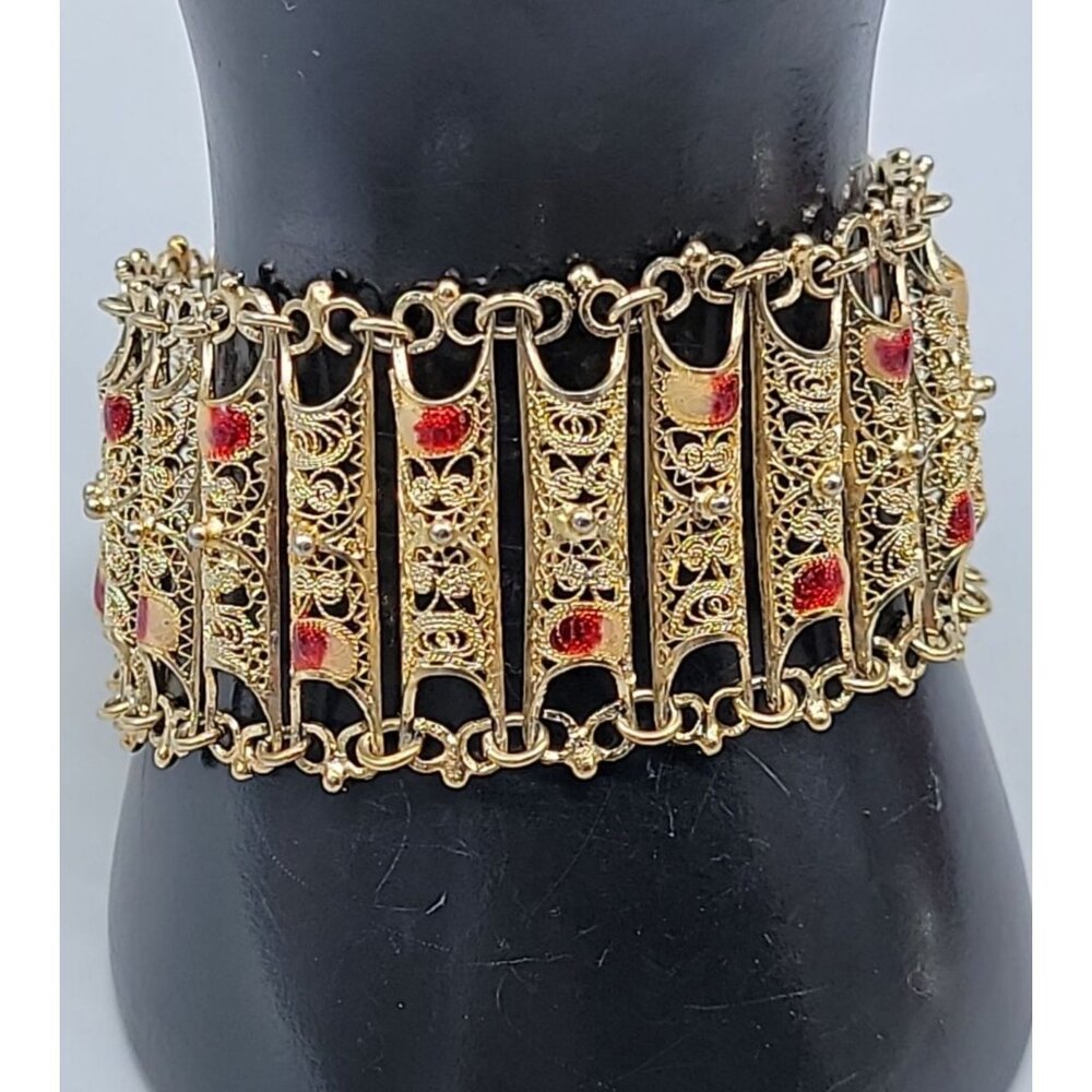 Electroplated Gold on 800 Silver Filigree Panel Bracelet Red White Accents 7.25"